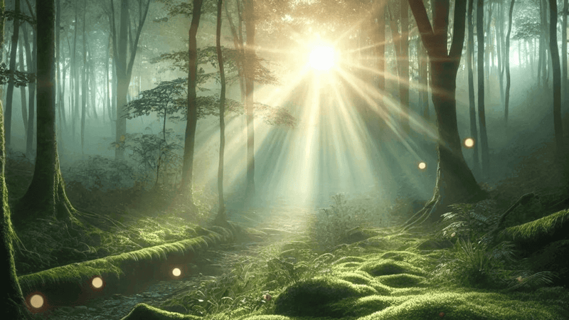 Sunlight streaming through a serene forest, illuminating mossy ground and creating a magical atmosphere.