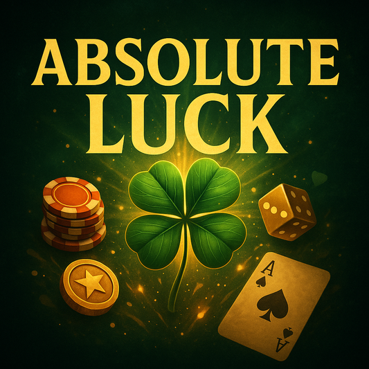 digital illustration for Absolute Luck with glowing four-leaf clover, casino elements like poker chips and dice, and mystical golden light symbolizing luck, fortune