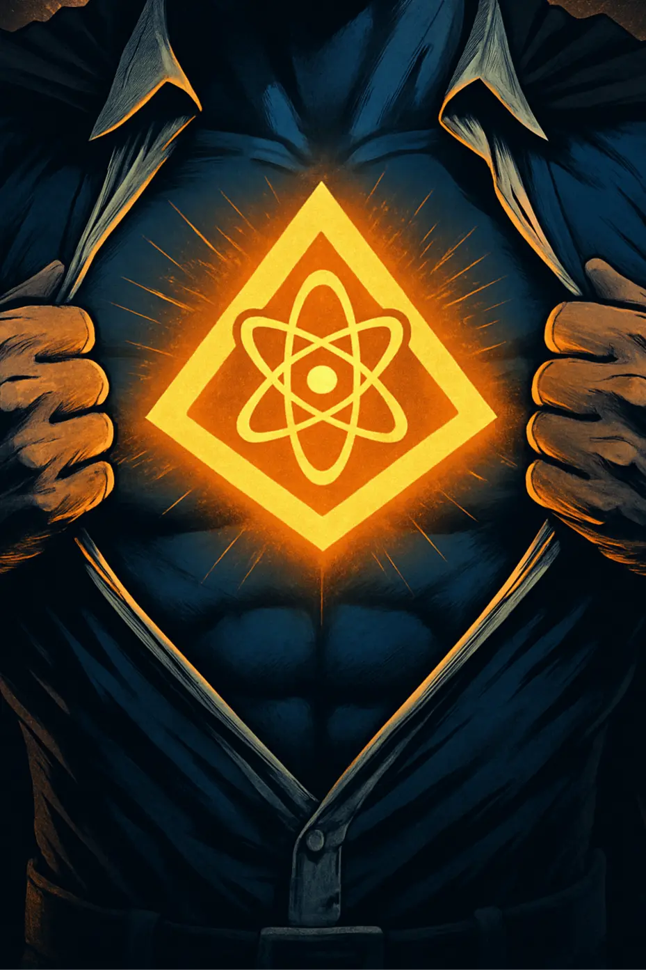 Person opening shirt to reveal glowing atom symbol