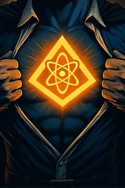 Person opening shirt to reveal glowing atom symbol