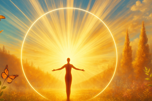 Person standing with arms outstretched in a field with a bright light circle and butterflies.