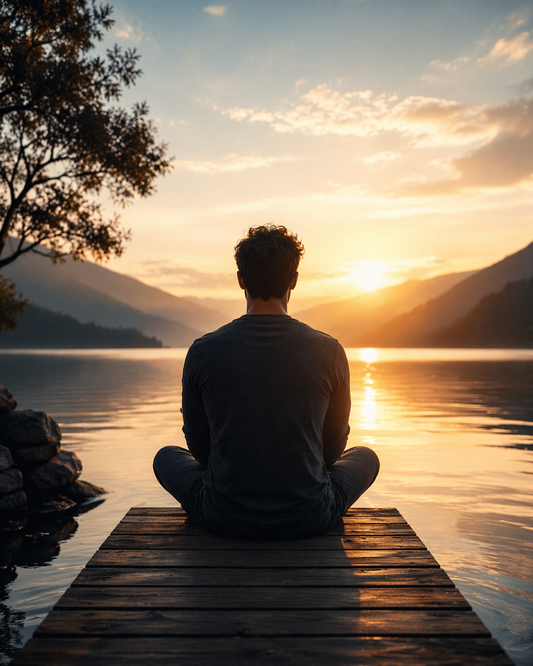 Person sitting on a dock overlooking a lake at sunset