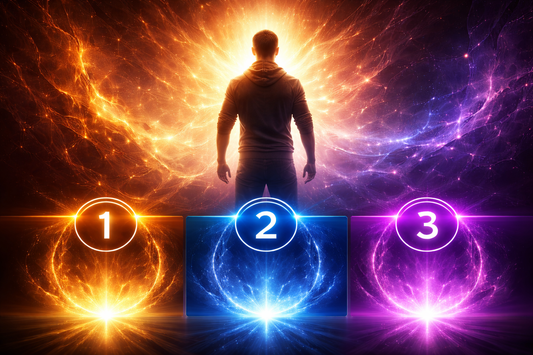 Man standing in front of three glowing orbs labeled 1, 2, and 3 against a cosmic background.