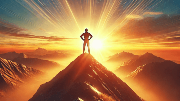 Silhouette of a confident figure on a mountain peak at sunrise, symbolizing supreme confidence and charisma.