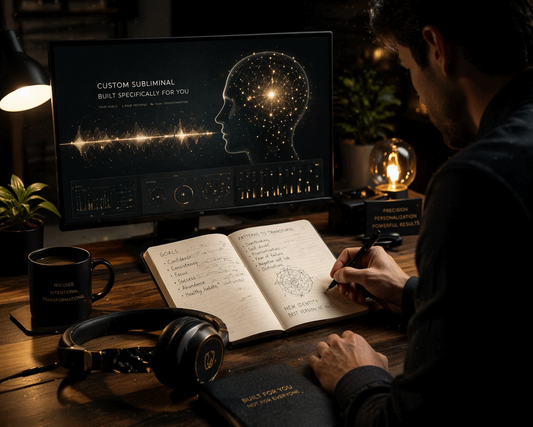 Person working at a desk with a computer screen displaying a brain and sound wave diagram, surrounded by books and a cup.