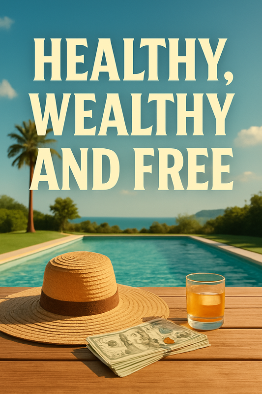 Digital graphic with the phrase 'Healthy, Wealthy, and Free' in bold golden letters over a vibrant, luxurious background symbolizing abundance, vitality, and freedom.