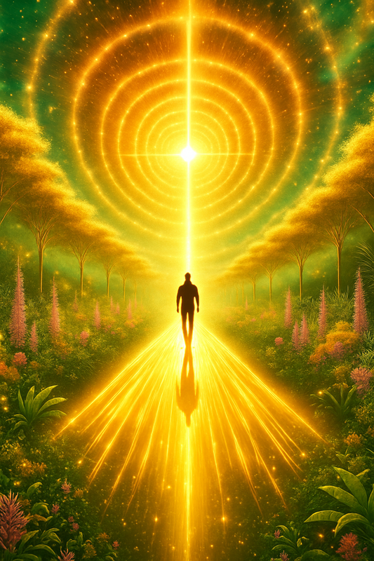 Person walking towards a bright light in a mystical forest setting