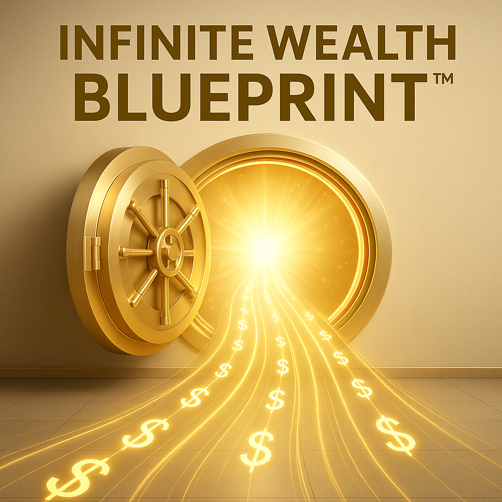 An open golden vault overflowing with radiant gold coins and glowing wealth energy, symbolizing financial freedom, abundance, and the manifestation power of the Infinite Wealth