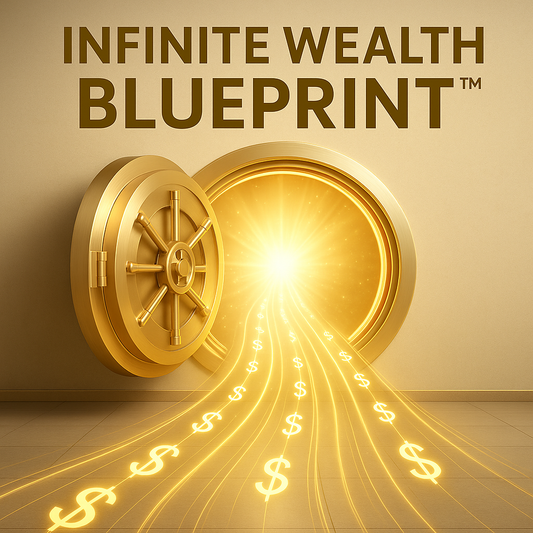 An open golden vault overflowing with radiant gold coins and glowing wealth energy, symbolizing financial freedom, abundance, and the manifestation power of the Infinite Wealth