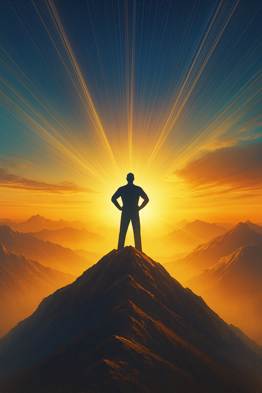 Person standing on a mountain peak with a radiant light shining down