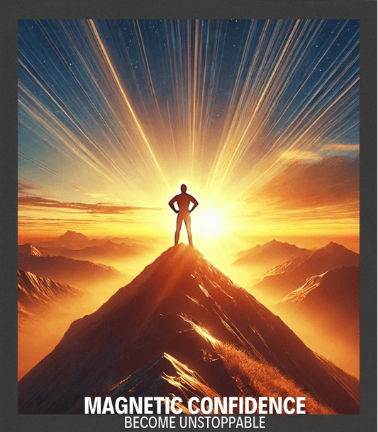 A powerful silhouette standing on a mountain peak at sunrise, radiating golden light and energy beams across the sky, symbolizing inner strength, self-belief, and unstoppable confidence.