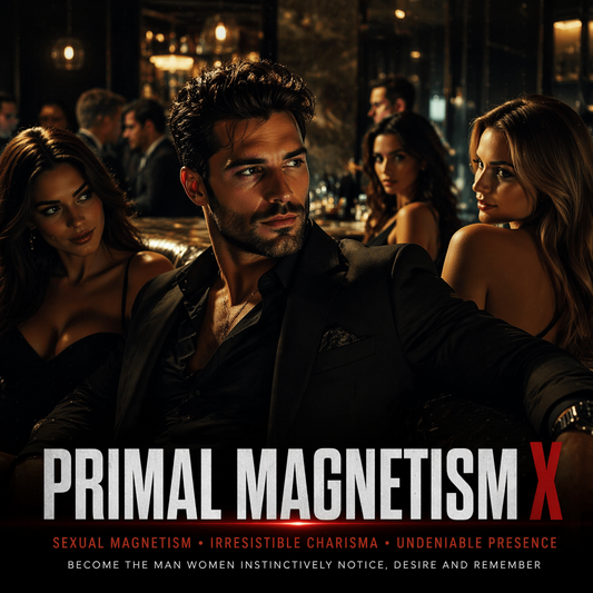 Man in a dark suit surrounded by women in a dimly lit room with 'Primal Magnetism X' text.