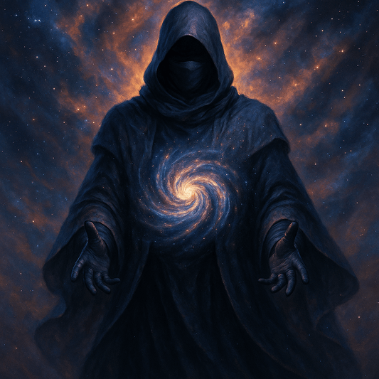 Mystical hooded figure with swirling galaxy, representing power and limitless potential in a cosmic setting.