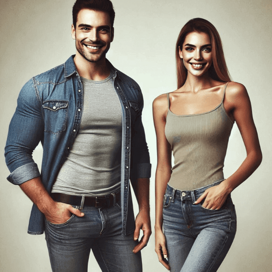 Smiling man and woman confidently showcasing stylish outfits, embodying health and wellness.