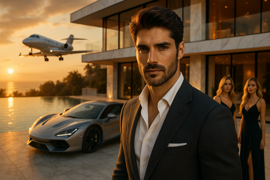 Man in a suit standing in front of a modern building with a private jet and luxury car in the background.
