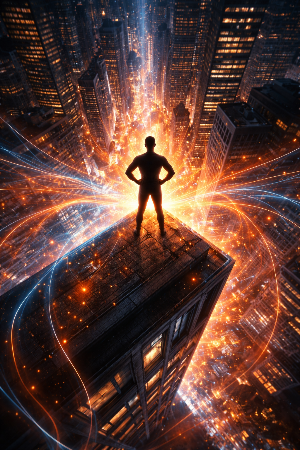 Person standing on a skyscraper with a futuristic cityscape and energy effects