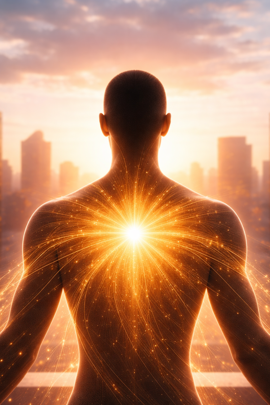Man with glowing chest against a cityscape with sunset