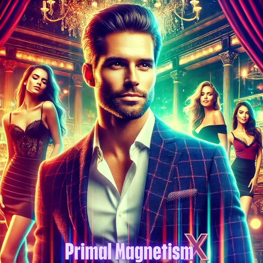 man in a stylish suit exuding charm and magnetic presence, surrounded by glamorous, beautiful women in an opulent, glowing nightclub setting filled with chandeliers and rich colors, symbolizing elite attraction.