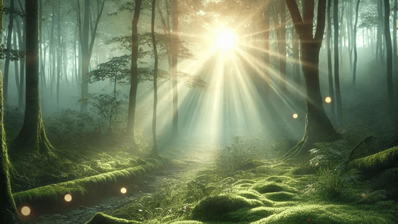 Lush forest with sunlight streaming through trees, creating a serene and calming atmosphere. Perfect for effective subliminals.