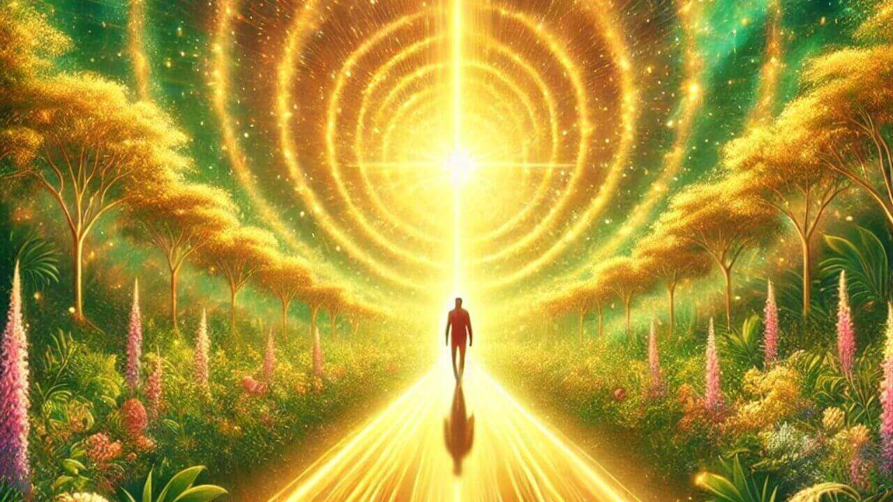 Man walking towards a radiant light, symbolizing the journey of auto-manifestation and alignment with highest goals.