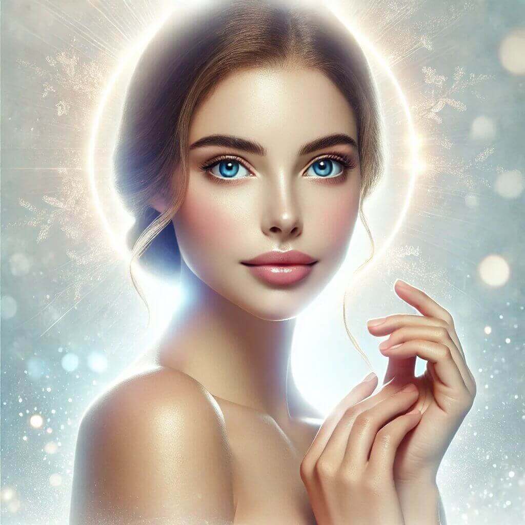 Radiant woman with flawless skin and bright blue eyes, surrounded by a glowing aura, showcasing celestial beauty.