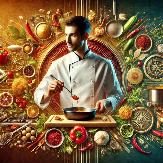 Chef cooking with fresh ingredients surrounded by colorful spices and vegetables, embodying culinary creativity and precision.