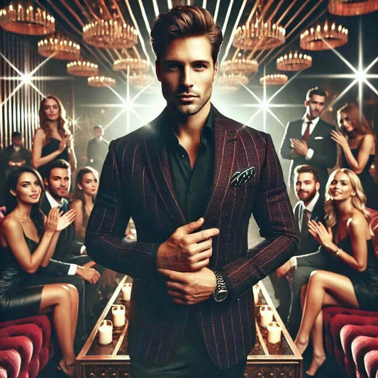 Confident man in stylish suit radiating luxury and prestige, surrounded by admirers in an upscale venue.