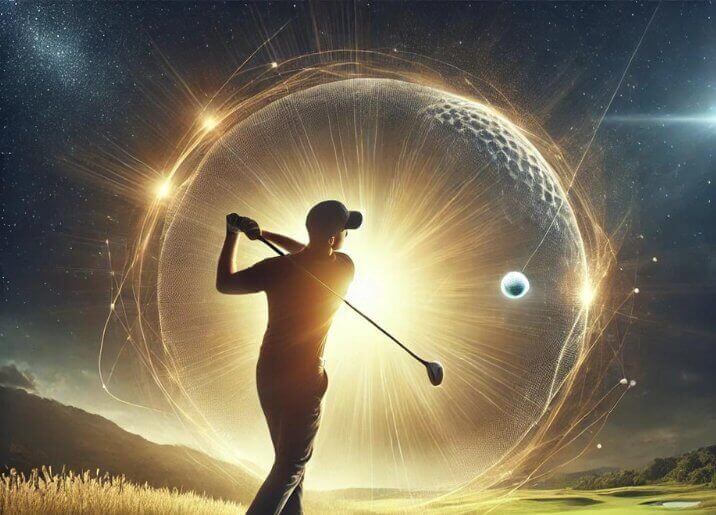 golfer swinging club with radiant energy, symbolizing mastery and confidence on the golf course.