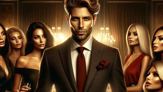 Confident man surrounded by beautiful women, embodying attraction and connection in a luxurious setting.