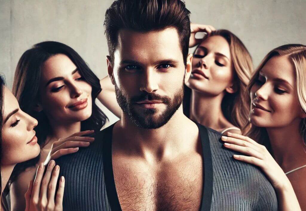 Confident man surrounded by captivated women, representing masculine allure and attraction energy.