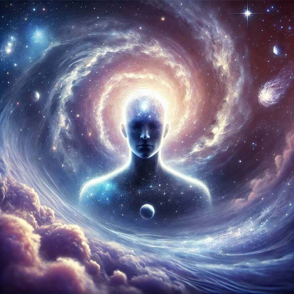 Ethereal image of a figure with a cosmic background, symbolizing a light and weightless mind in a universe of possibilities.